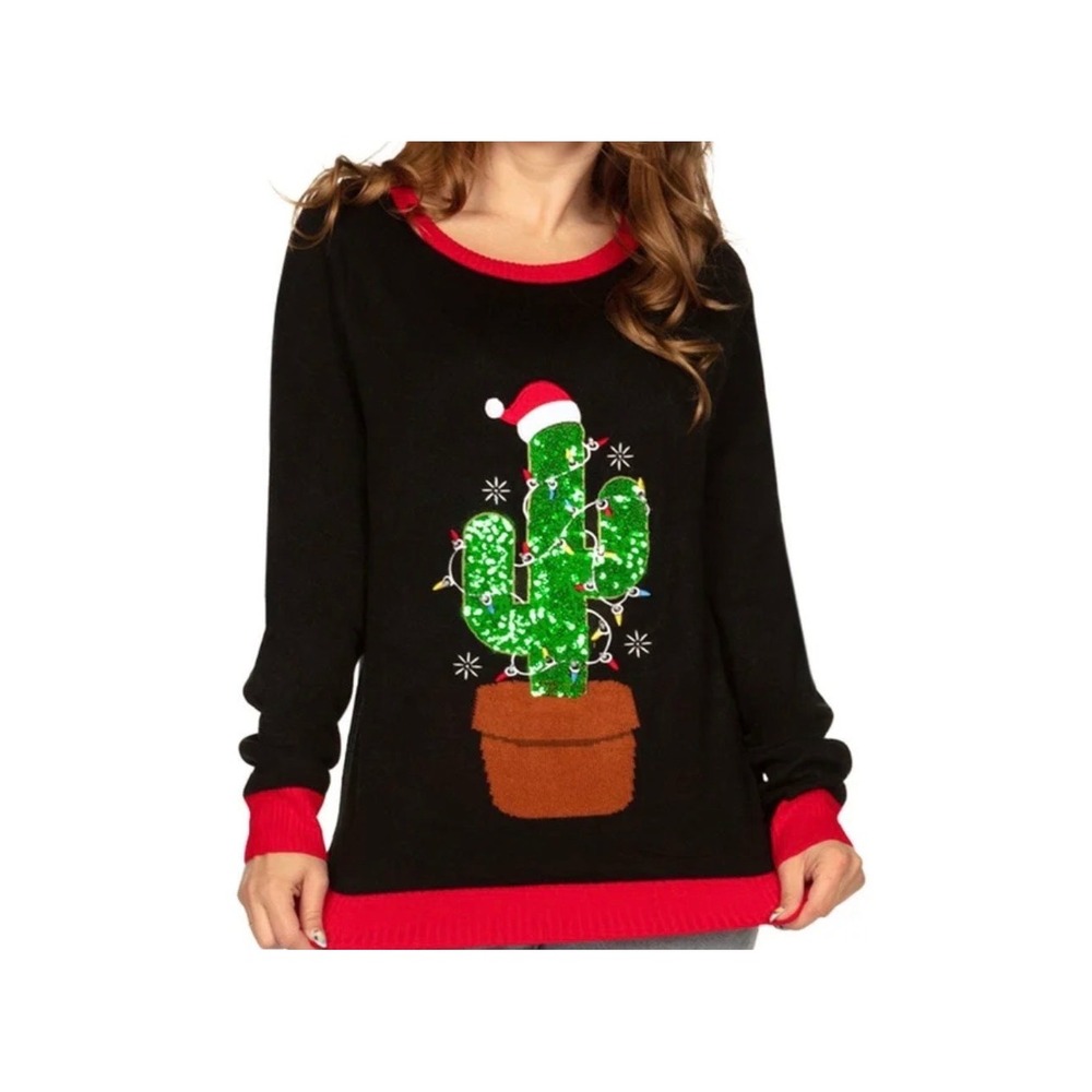 Tipsy Elves Womens Cactus Tree Light Up Christmas Sweater Black Red XXL NEW